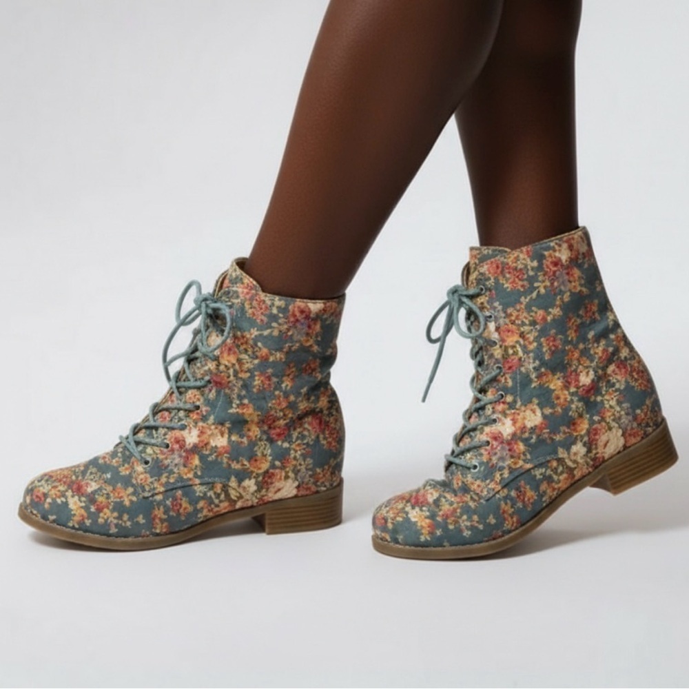 Charlotte Russe Floral Lace-Up Boots - Blue and Pink
